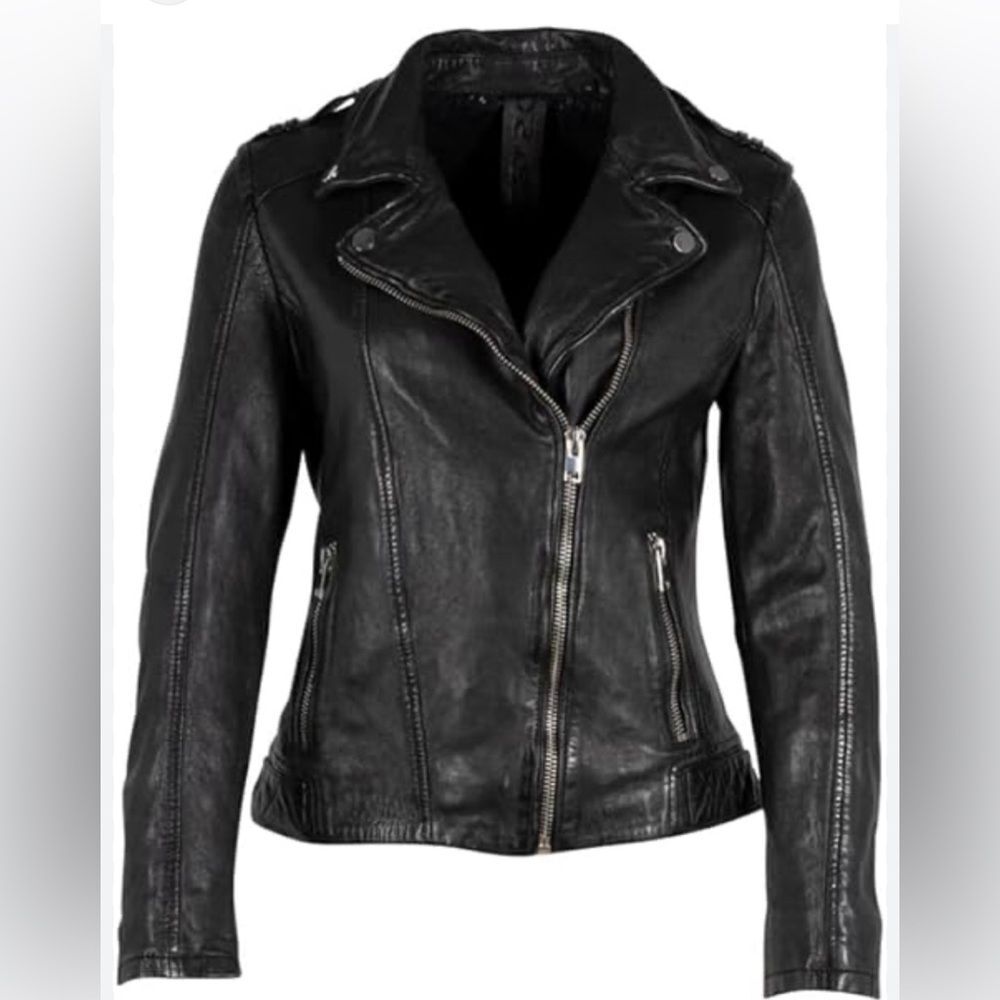 Mauritius Womens Narin Moto Leather Jacket Black  w Brown Size Small Distressed